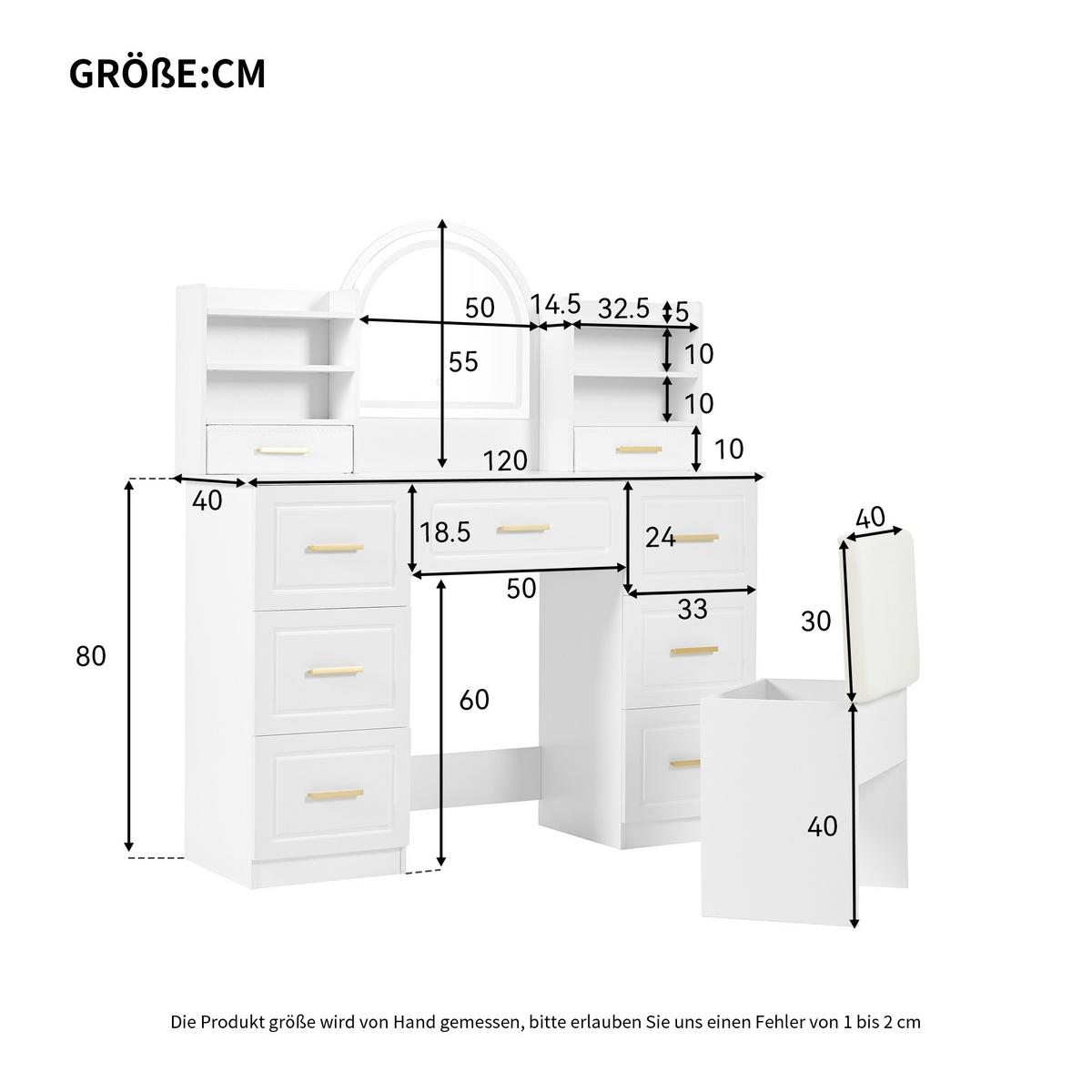SCHMINKTISCH Weiß mit led-spiegel & 9 staufächern - Weiß, Holzwerkstoff (120/135/40cm) - Urban Meuble