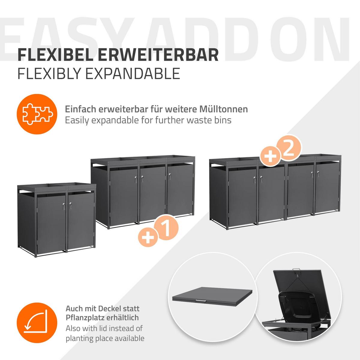 MÜLLTONNENBOX 2er mit Pflanzdach Anthrazit - Anthrazit, Metall (132/124/80cm) - ML-DESIGN