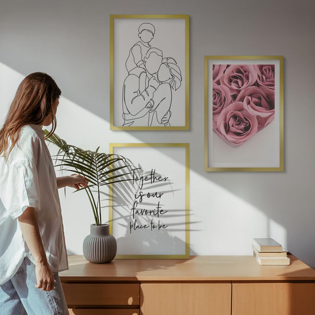 BILDER SET 3er Set - 40x60 cm Goldrahmen - Rosensträuße als Familienzeichnung - Goldfarben, Kunststoff (40/60cm) - TULUP