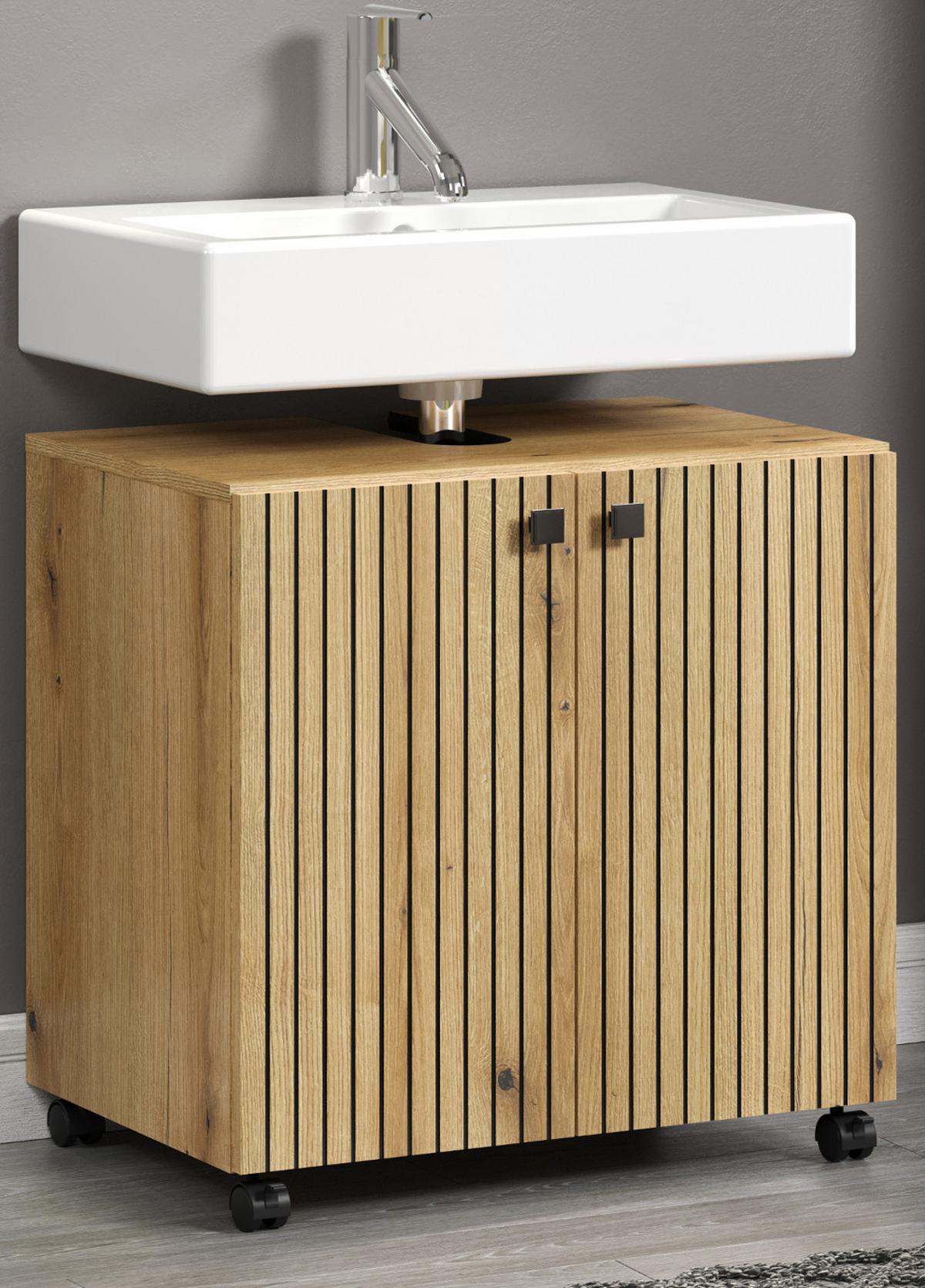 WASCHBECKENUNTERSCHRANK Evoke Eiche 60 cm, Badschrank auf Rollen - Eichefarben/Schwarz, Holzwerkstoff/Kunststoff (60/64/42cm) - Top.Furn