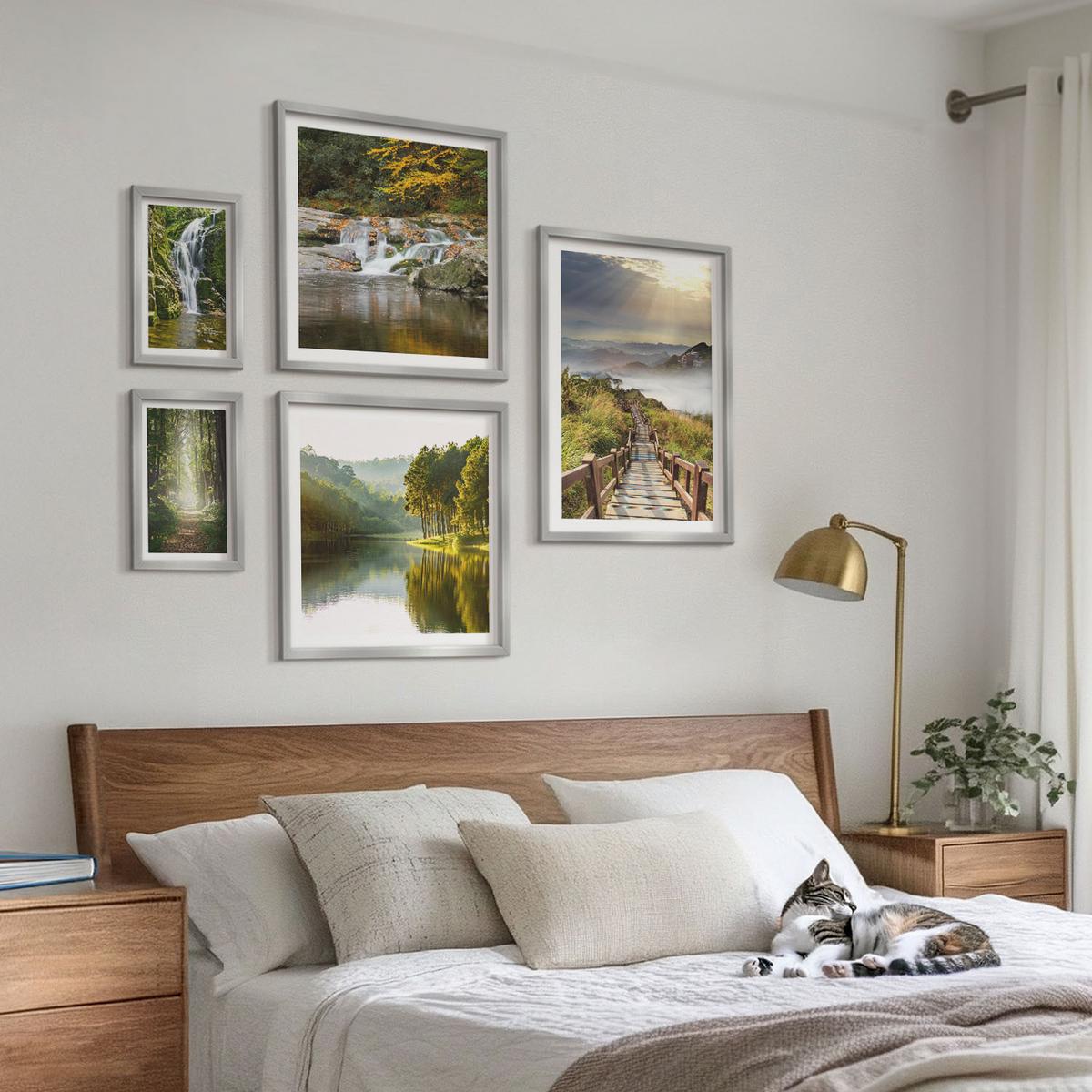 BILDER SET 5er Set - 50x50 cm & 20x30 cm & 40x60 cm Silberner Rahmen - Grüne Blätter von eleganten Sukkulenten - Silberfarben, Kunststoff (40/60cm) - TULUP