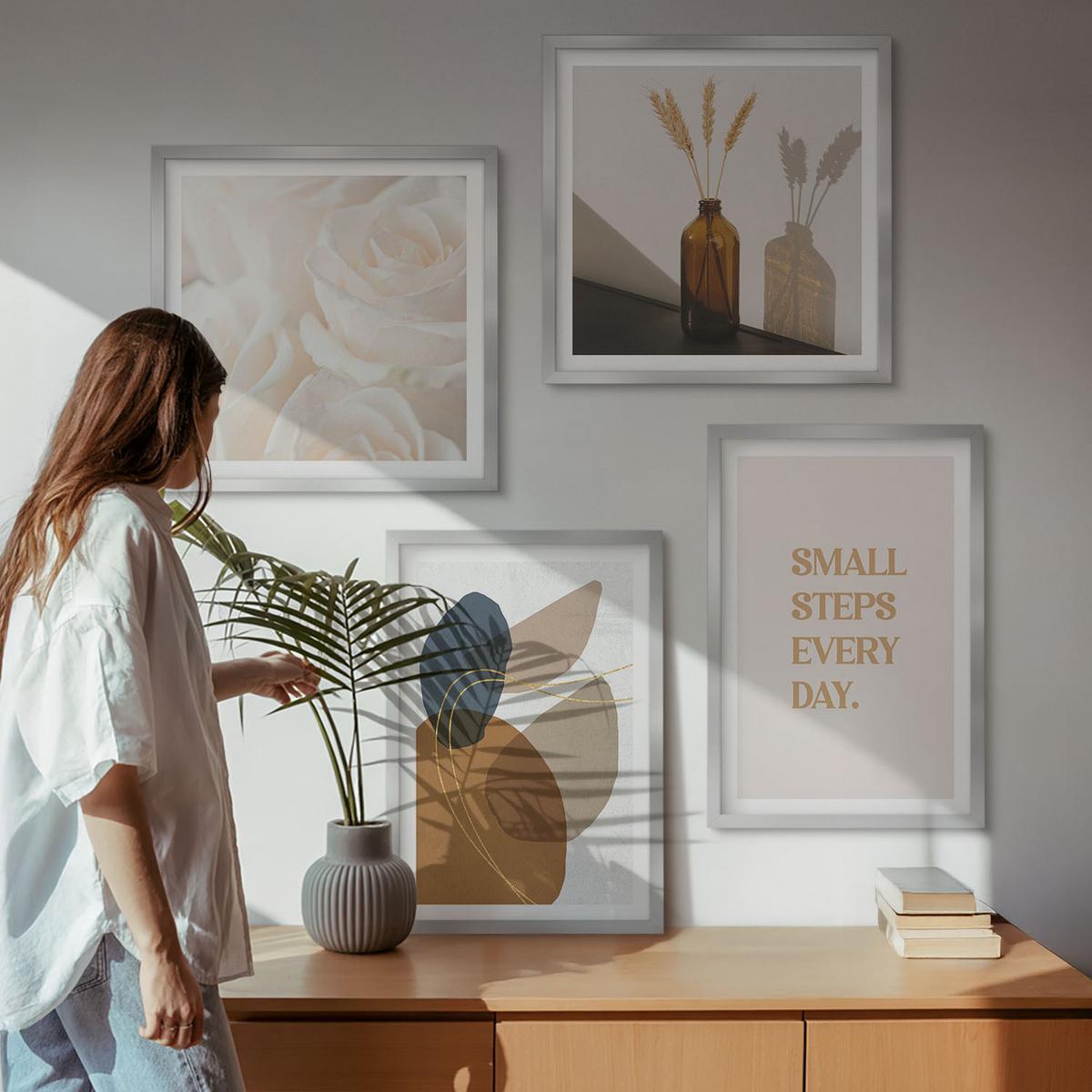 BILDER SET 4er Set - 50x50 cm & 40x60 cm Silberner Rahmen - Abstrakte Formen Akzente - Silberfarben, Kunststoff (50/50cm) - TULUP