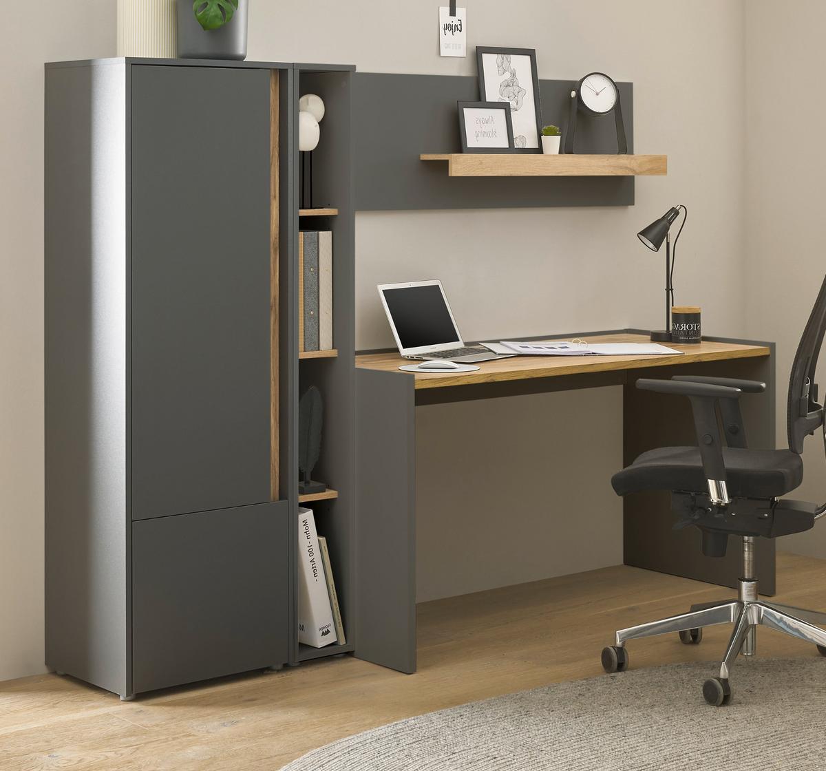 SCHREIBTISCHKOMBINATION 4-teilig grau matt, Eiche Wotan 213 cm, Büromöbel Set mit viel Stauraum - Eichefarben/Eiche Wotan, Holz/Holzwerkstoff (62/213/155cm) - Furn.Design