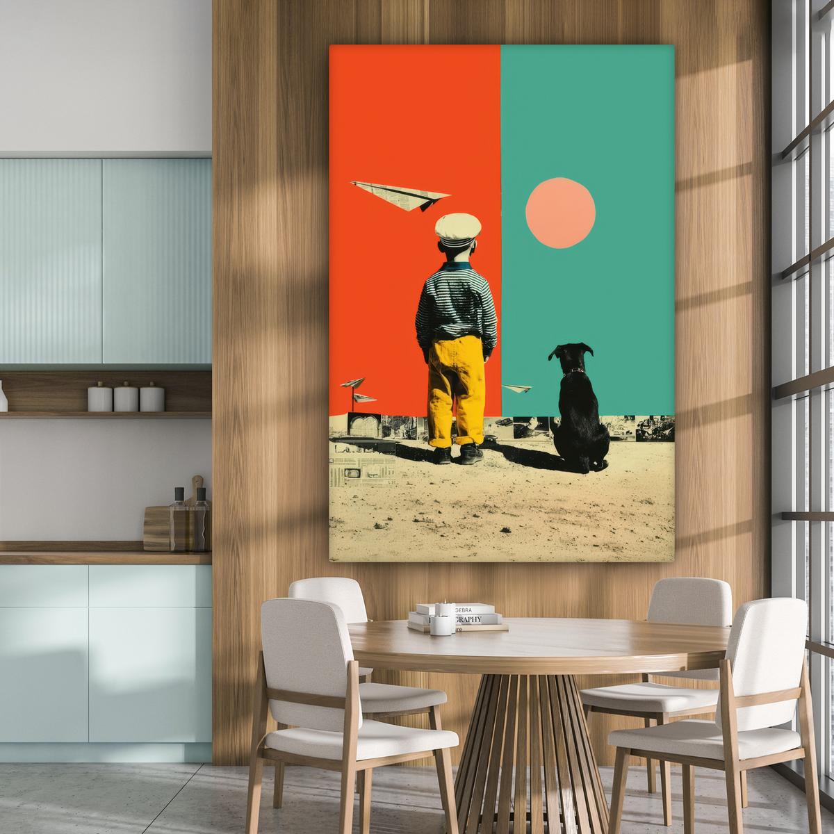 LEINWANDBILD Retro - Junge - Hund - Rot - Grün Deko Groß 90x140 cm - Orange, Textil (90/140cm) - MuchoWow
