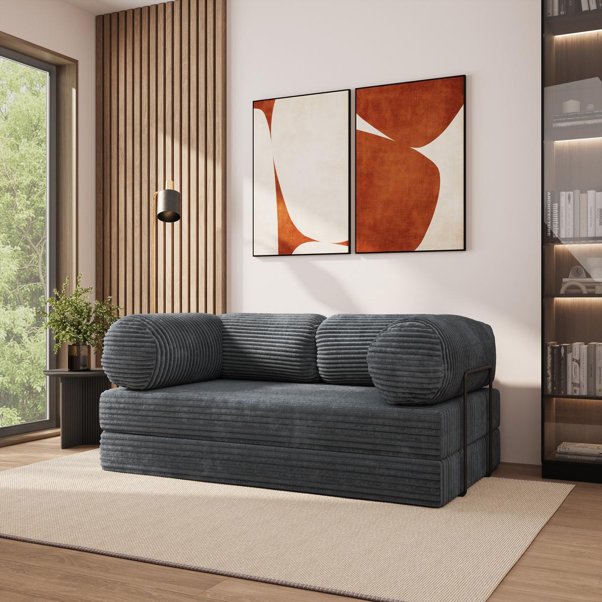 BETTSOFA ALVIO aus Schaumstoff Kordstoff Grau Schlaffunktion - Dunkelgrau, Textil (170/68/80cm) - MASSENO