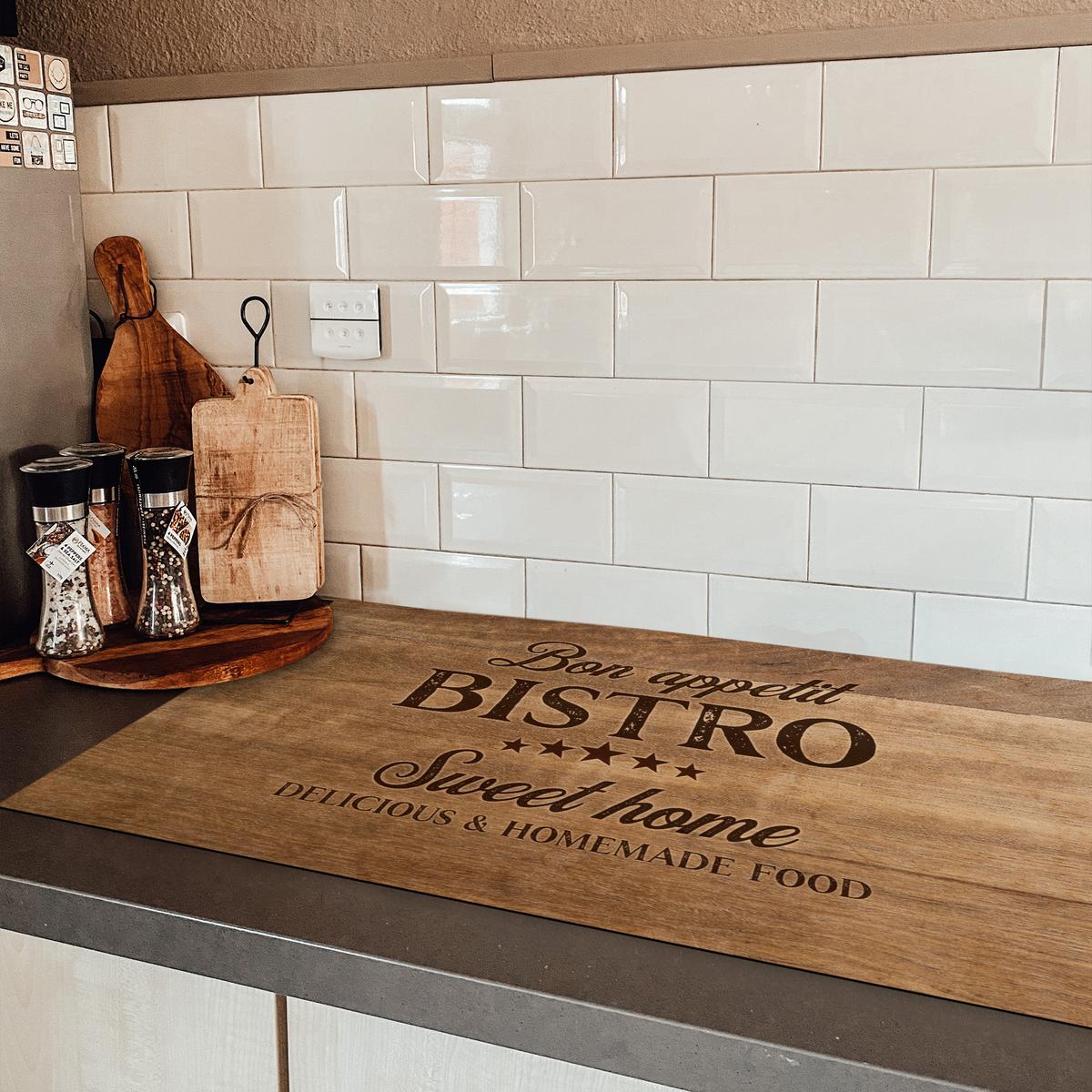 HERDABDECKPLATTE Zitat - Bistro - Guten Appetit - Süßes Zuhause - Holzmaserung Ceranfeldabdeckung 90x52 cm - Braun, Kunststoff (90/52/0.2cm) - MuchoWow