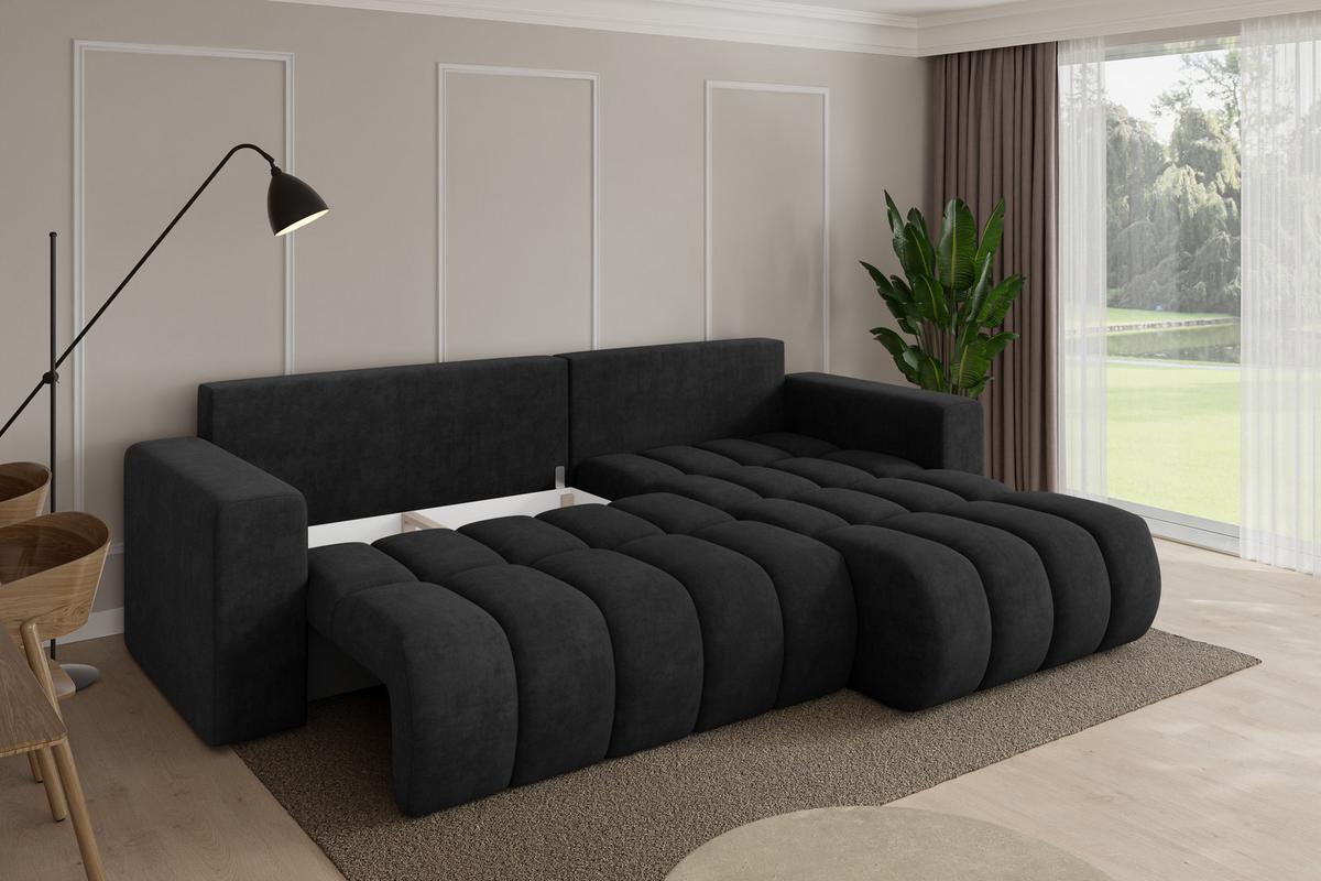 ECKSOFA mit Schlaffunktion Ottomane Rechts MILA-L-v1 277x195x86 Schwarz Velours - Schwarz, Holzwerkstoff/Kunststoff (277/194cm) - ALTDECOR