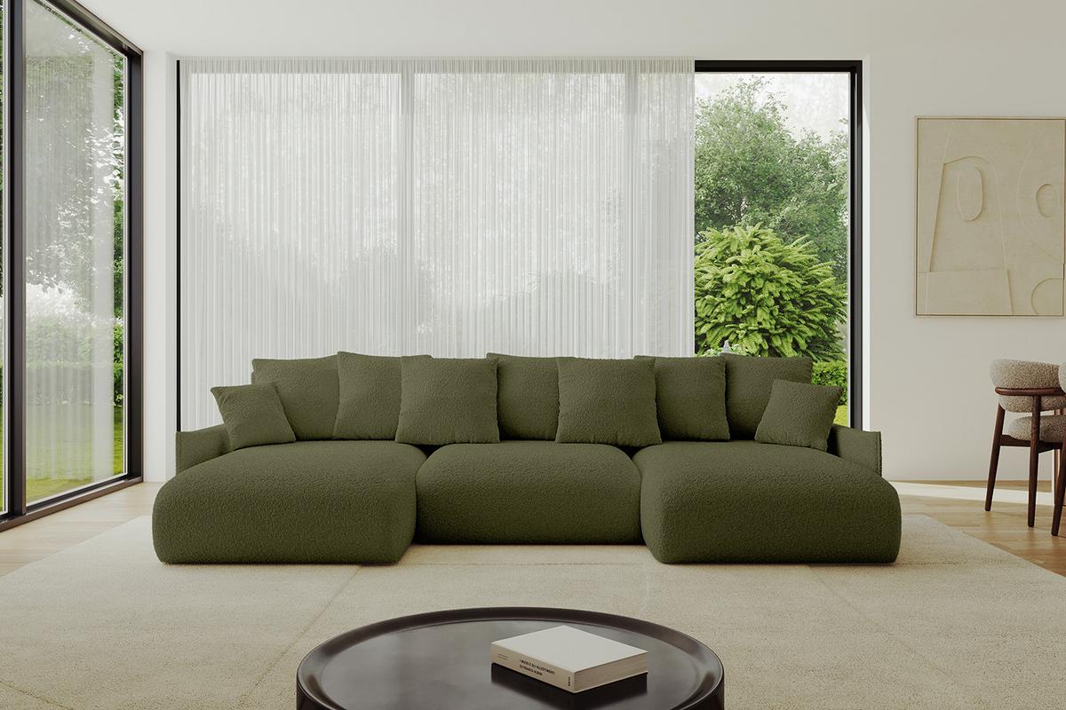 WOHNLANDSCHAFT mit Schlaffunktion und Bettkasten ONESK-U-v1 317x177x72 Grün Bouclé - Olivgrün, Holzwerkstoff/Kunststoff (317/72/177cm) - ALTDECOR