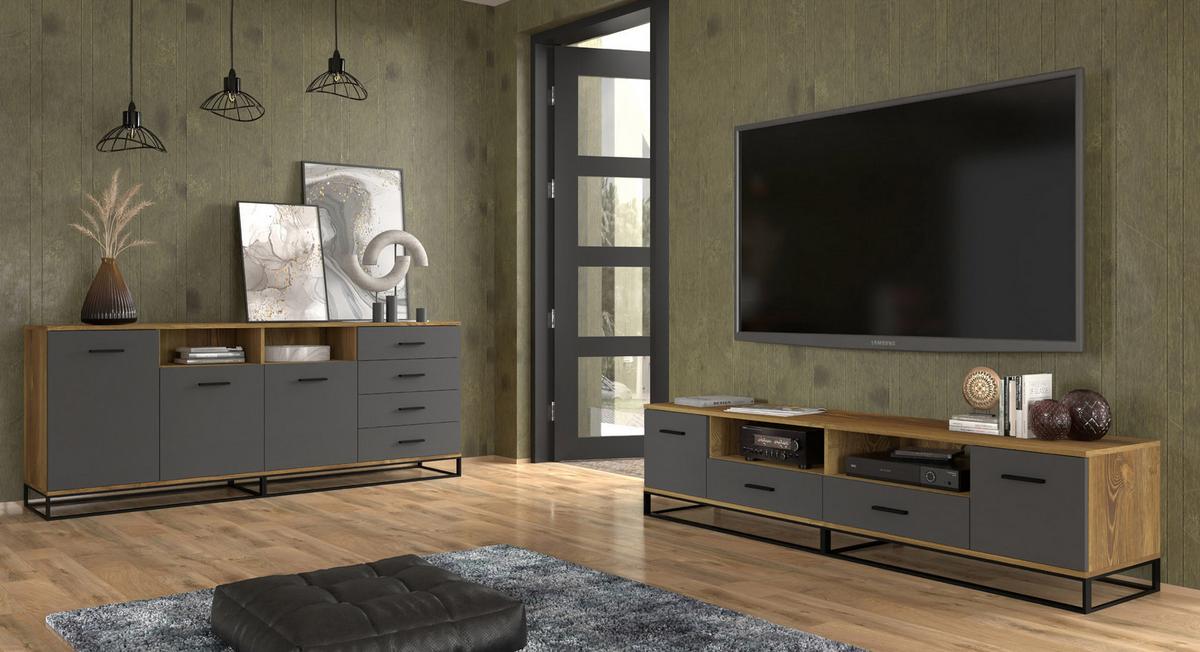 TV LOWBOARD Dunkle Eiche, Schwarz 190/45/42 - Schwarz, Holzwerkstoff (190/45/42cm) - RAUMHIRSCH FURNITURE