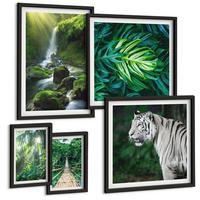 BILDER SET 5er Set - 50x50 cm & 20x30 cm & 40x60 cm Schwarzer Rahmen - Dschungel-Weißtiger-Wasserfall - Schwarz, Kunststoff (40/60cm) - TULUP