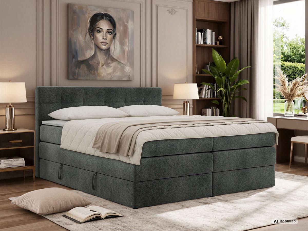 BOXSPRINGBETT SOLVEN KING 200/200 - Dunkelgrau Stukture - Topper Visco - H3 - Dunkelgrau/Schwarz, Kunststoff/Textil (200/200cm) - MKS