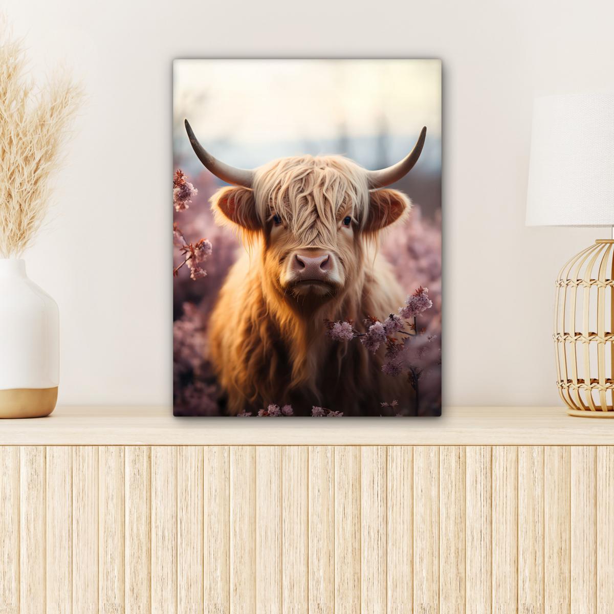 LEINWANDBILD Schottischer Hochländer - Frühling - Hochland Room Decor 30x40 cm - Hellrosa, Textil (30/40cm) - MuchoWow