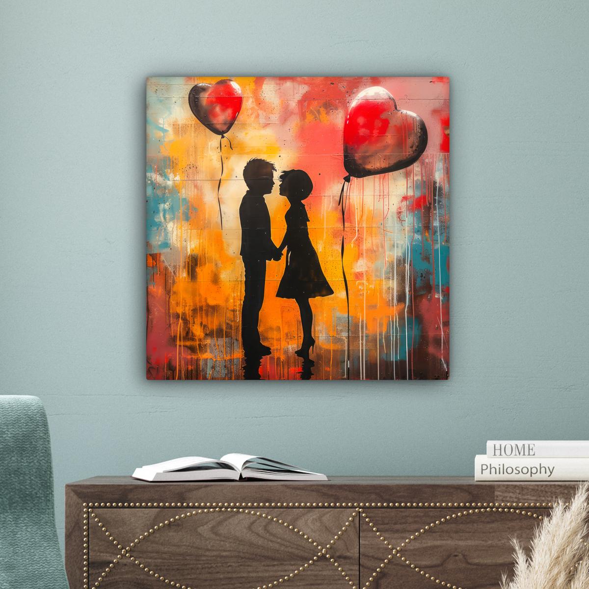 LEINWANDBILD Straßenkunst - Liebe - Graffiti - Kunst - Banksy Wandbild Wohnzimmer 50x50 cm - Orange, Textil (50/50cm) - MuchoWow