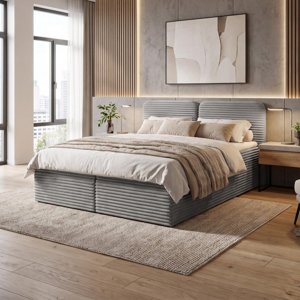 KONTINENTALBETT Lars 160x200 cm mit Topper, Bonnelmatratze, Cord-Stoff, Hellgrau - Hellgrau, Textil (160/200cm) - Beautysofa