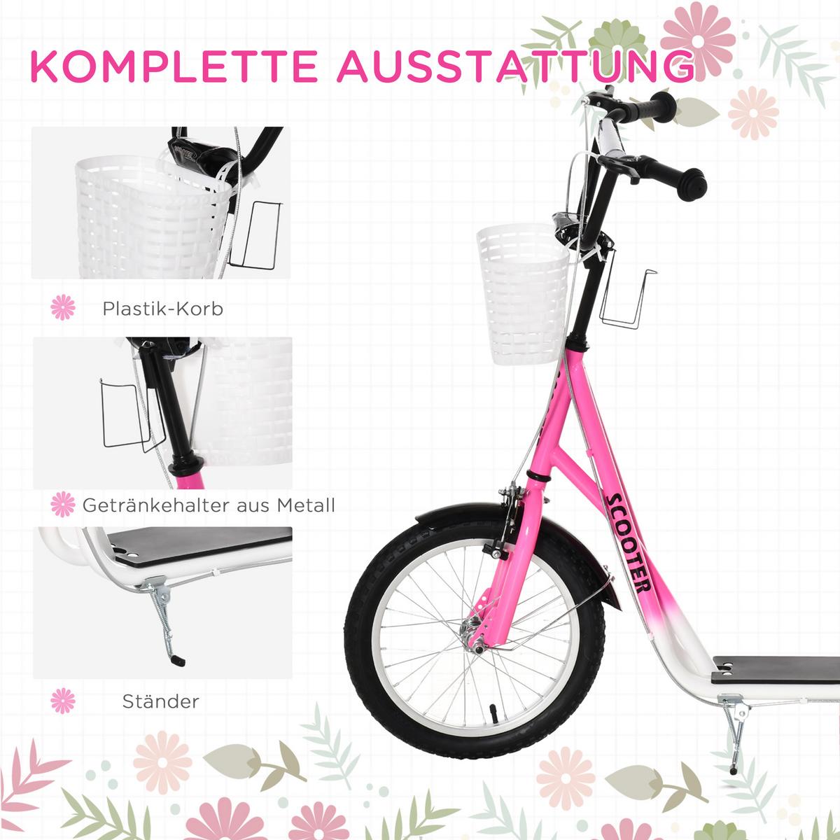 KINDERROLLER Scooter Tretroller mit Bremse Korb höhenverstellbar Gummi Rosa - Rosa, Metall (139/58/96cm) - HOMCOM