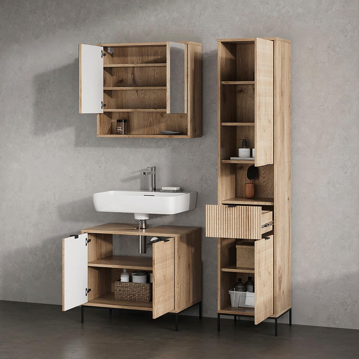 BADMÖBEL-SET ATERNO Viking Oak 3 Teile, mit Hochschrank - Eichefarben, Holzwerkstoff (70/63/45cm) - Livinity®