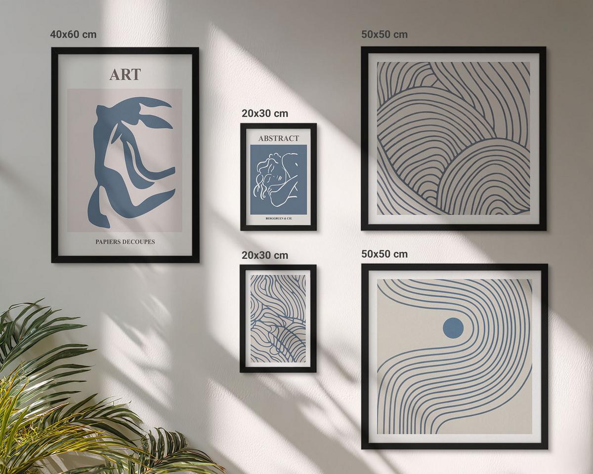 BILDER SET 5er Set - 50x50 cm & 20x30 cm & 40x60 cm Schwarzer Rahmen - Abstrakte blaue Linien - Schwarz, Kunststoff (40/60cm) - TULUP