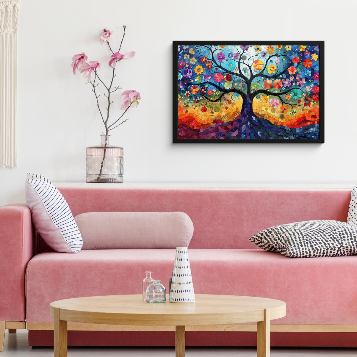 POSTER MIT RAHMENGERAHMTES BILD Kunst - Baum des Lebens - Blumen - Hippie 60x40 cm - Dunkelblau, Papier (60/40cm) - MuchoWow