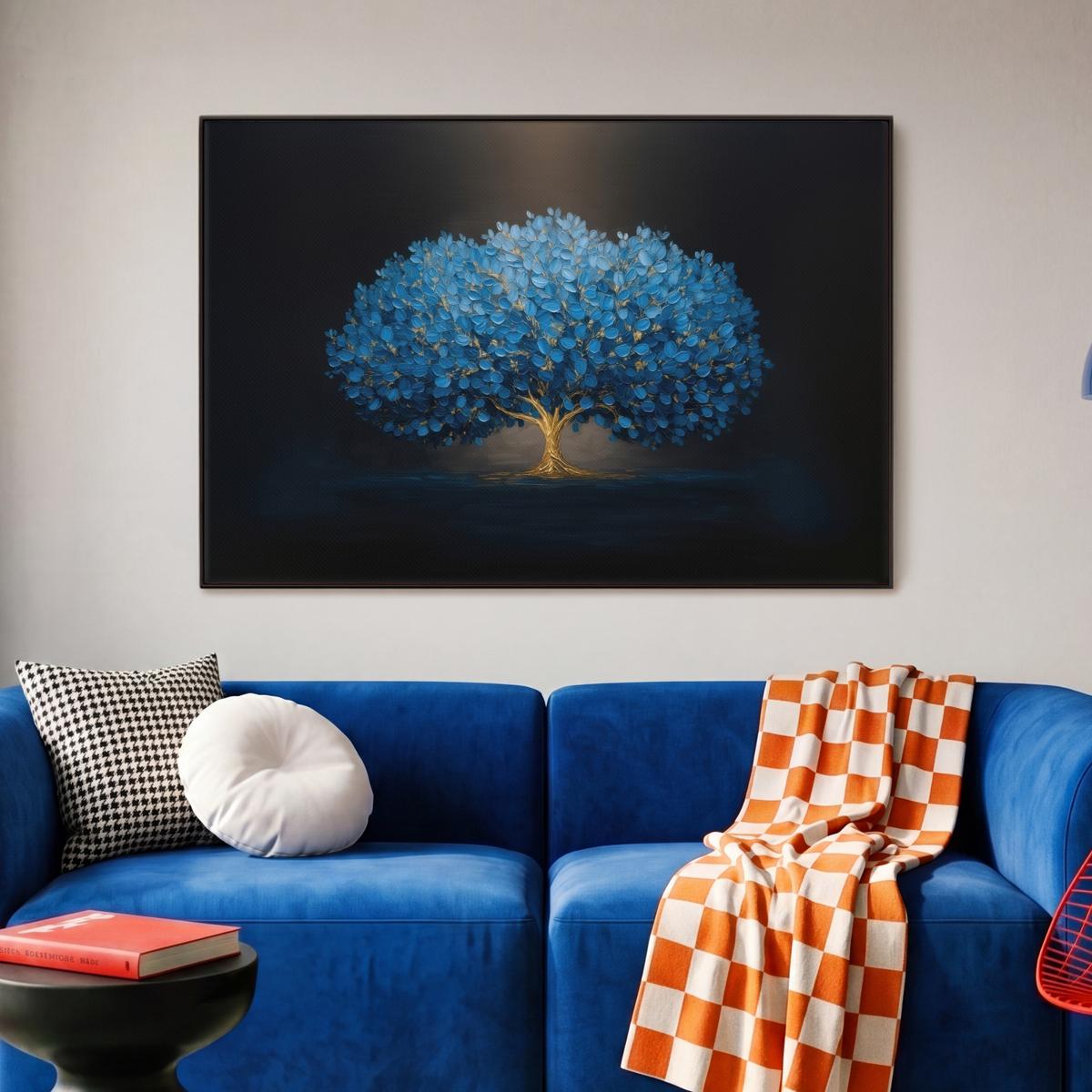 LEINWAND Bilder mit Rahmen - Baum - Blau - Blätter - Pinselstriche - 90x60 - Blau, Textil (90/60cm) - MuchoWow