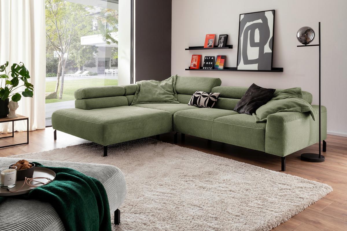 ECKSOFA DELIA Grün Cord Relaxfunktion - Schwarz/Olivgrün, Textil/Metall (276/219cm) - KAWOLA