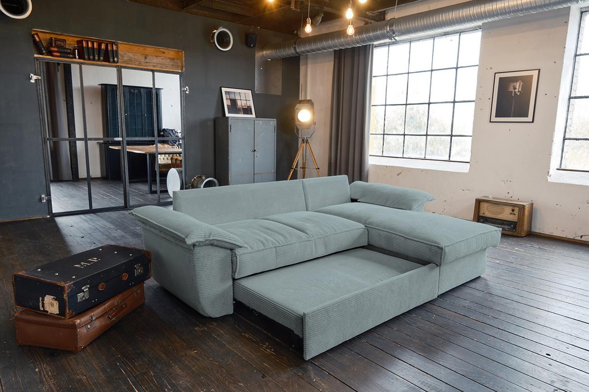 ECKSOFA DAMETO Hellblau Cord Mit Schlaffunktion - Schwarz/Hellblau, Kunststoff/Textil (266/174cm) - KAWOLA