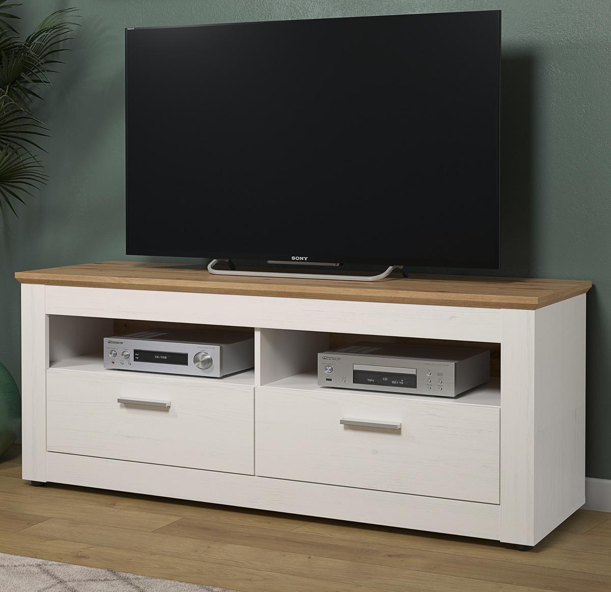 TV-LOWBOARD Pinie weiß, Eiche Artisan Landhaus 148 x 59 cm, Fernsehtisch in Komforthöhe - Silberfarben/Schwarz, Holzwerkstoff/Kunststoff (148/59/45cm) - Top.Furn