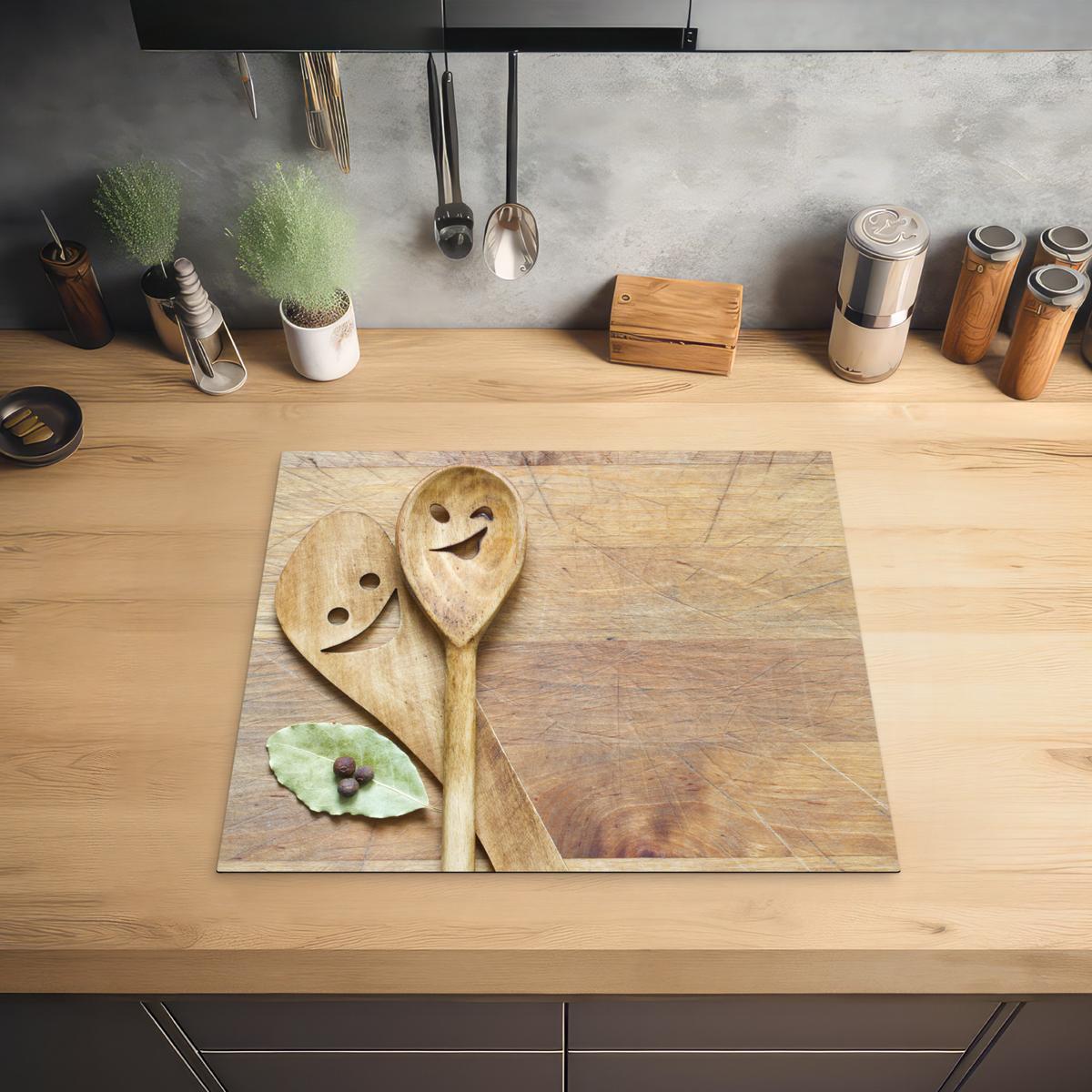 HERDABDECKPLATTE Holz - Löffel - Braun - Smiley Ceranfeldabdeckung 59x52 cm - Hellbraun, Kunststoff (59/52/0.2cm) - MuchoWow