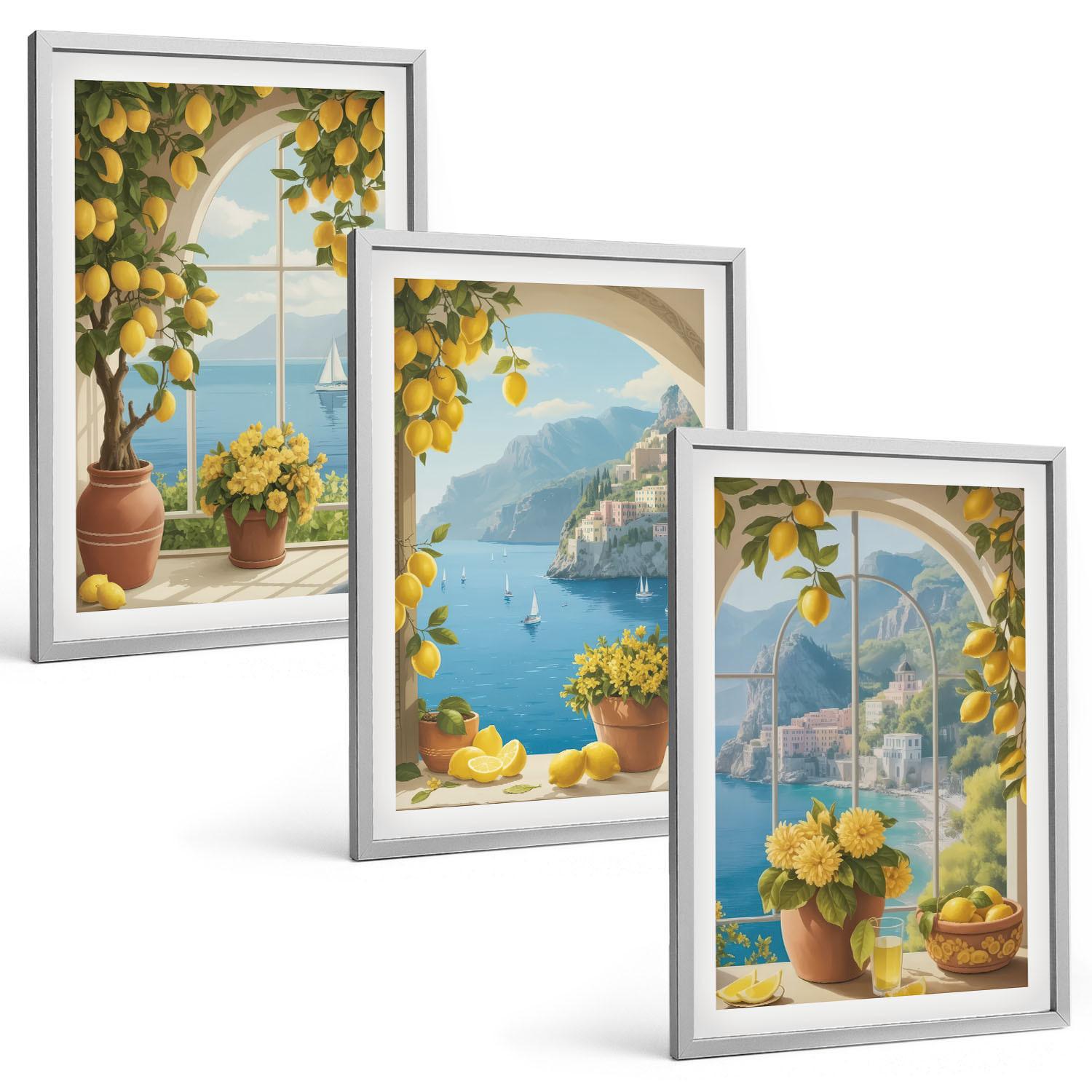 BILDER SET 3er Set - 40x60 cm Silberner Rahmen - Meereslandschaften, Zitronen, Fenster - Silberfarben, Kunststoff (40/60cm) - TULUP