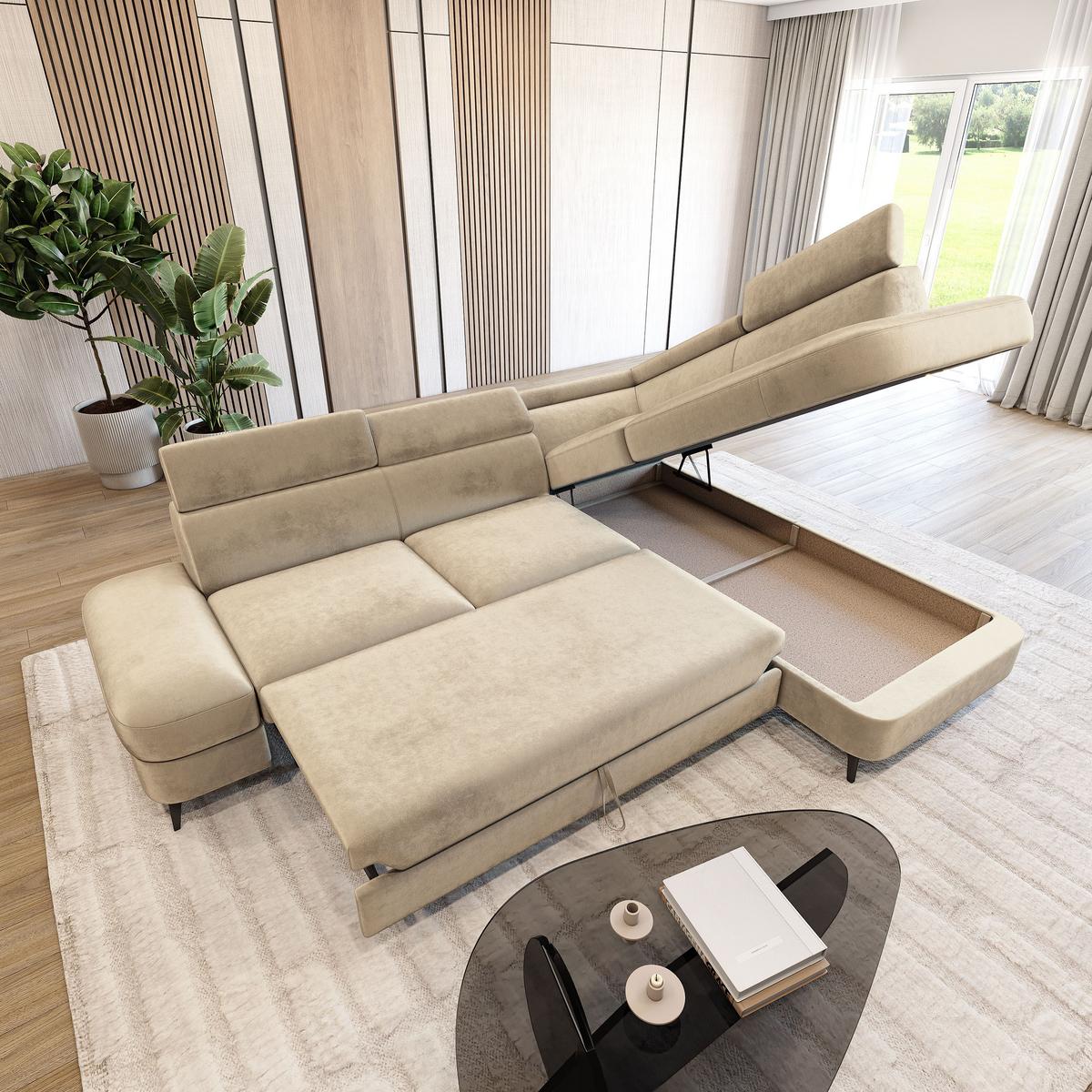 ECKSOFA AVISE M R-S Creme Velours-Stoff mit Schlaffunktion - Creme, Holzwerkstoff/Textil (268/195cm) - MASSENO