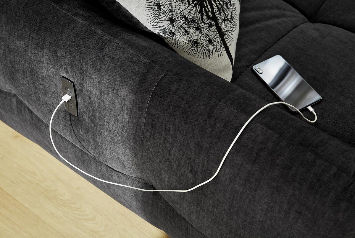 ECKSOFA mit elektrischer Sitztiefenverstellung, Kopflehnen verstellbar, USB-C und -A Ladefunktion B260/T191/H106 cm, Velours Anthrazit Schwarz / 15406 - Multicolor/Schwarz, Kunststoff/Textil (260/191cm) - luma-home