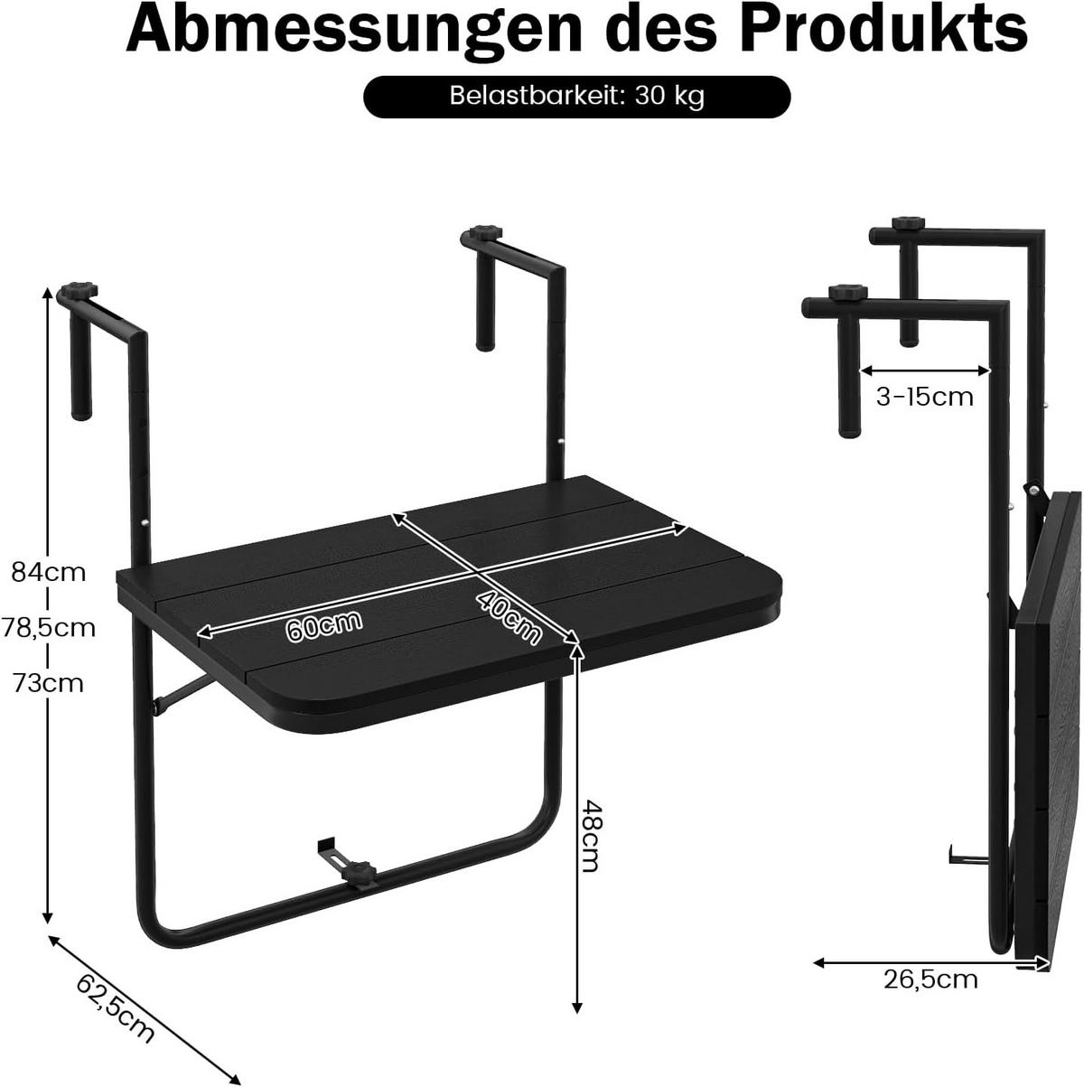 BALKONHÄNGETISCH Schwarz - Schwarz, Kunststoff (40/60/84cm) - COSTWAY