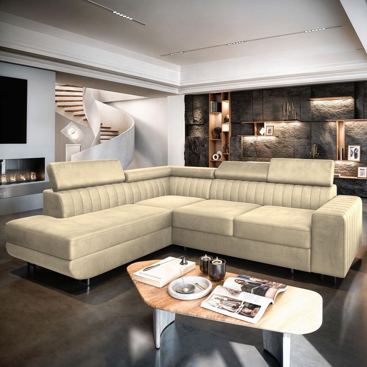ECKSOFA NOLA L-S Creme Velours-Stoff mit Schlaffunktion - Silberfarben/Creme, Holz/Textil (253/190cm) - MASSENO