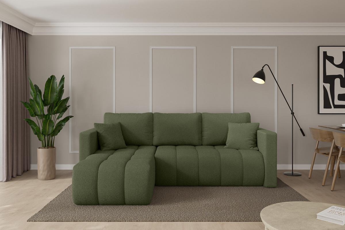 ECKSOFA mit Schlaffunktion Ottomane Links GARD-L 226x146x85 Grün Bouclé - Schwarz/Olivgrün, Holzwerkstoff/Kunststoff (226/146cm) - ALTDECOR
