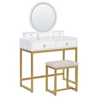 SCHMINKTISCH mit rundem LED-Spiegel Hocker 4 Schubladen weiß/gold Auxon - Beige/Goldfarben, Holzwerkstoff (80/132/40cm) - Beliani