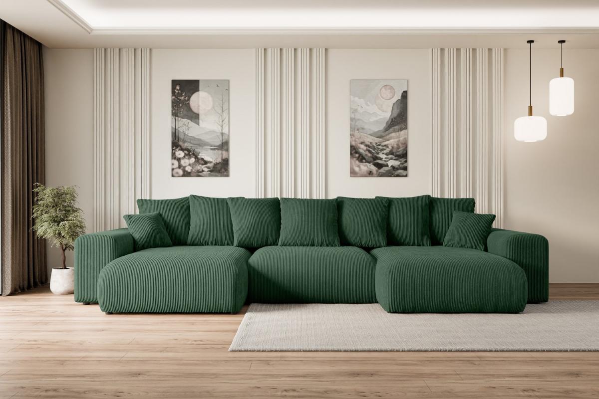 WOHNLANDSCHAFT mit Schlaffunktion ESKAR-U -364x176x72cm Grün Cord - Schwarz/Grün, Holzwerkstoff/Kunststoff (364/72/176cm) - ALTDECOR