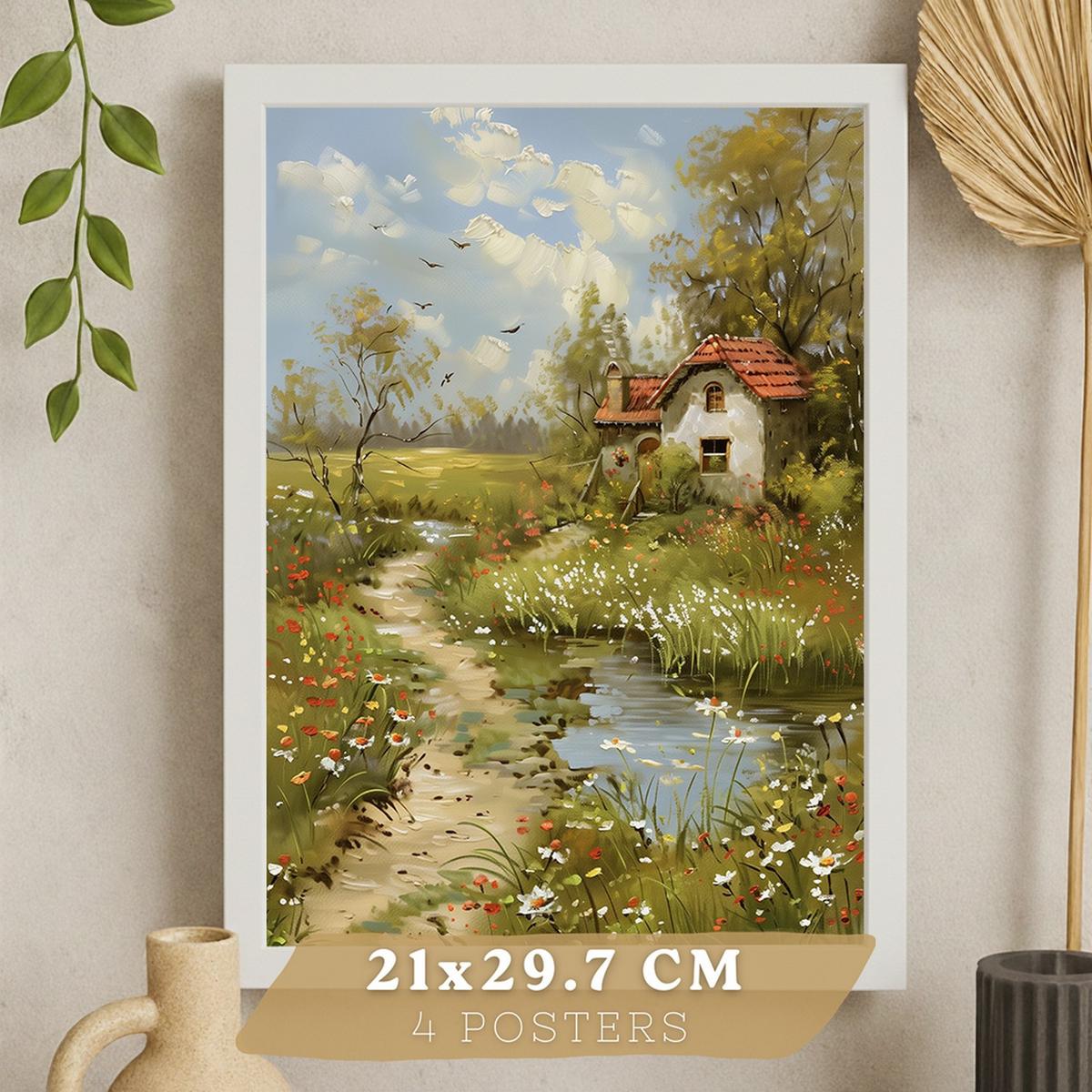 POSTER 4er Bilder-Set Wandbilder Impressionismus Landschaft modern Wohnzimmer Deko, Schlafzimmer, Küche, Badezimmer Weißer Rahmen A3 - Weiß, Papier (29.7/1/42cm) - Nacnic