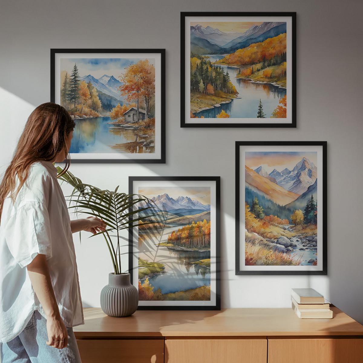 BILDER SET 4er Set - 50x50 cm & 40x60 cm Schwarzer Rahmen - Bergblick, Fluss, Herbst - Schwarz, Kunststoff (50/50cm) - TULUP