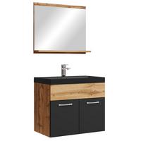 BADMÖBEL-SET Montreal 3 Teile Eiche / Schwarz - Schwarze Waschbecken - 60 x 35 x 51 cm - Eichefarben/Schwarz, Holz (60/51/35cm) - Badplaats