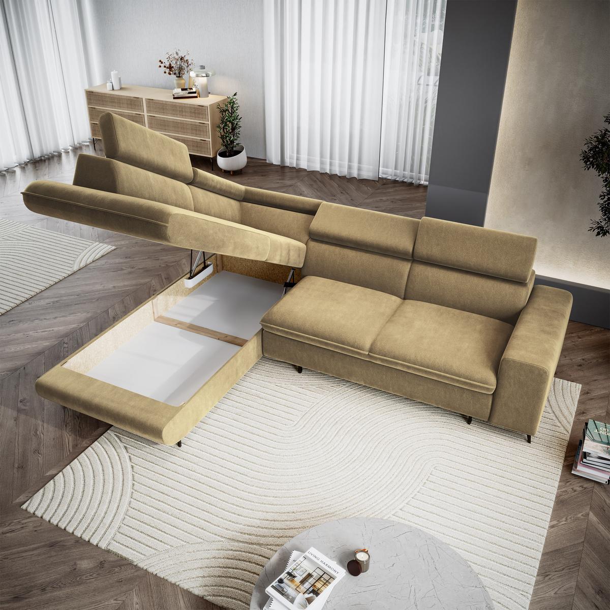ECKSOFA VELISS Currygelb Veloursstoff mit Schlaffunktion - Currygelb, Holz (255/193cm) - MASSENO