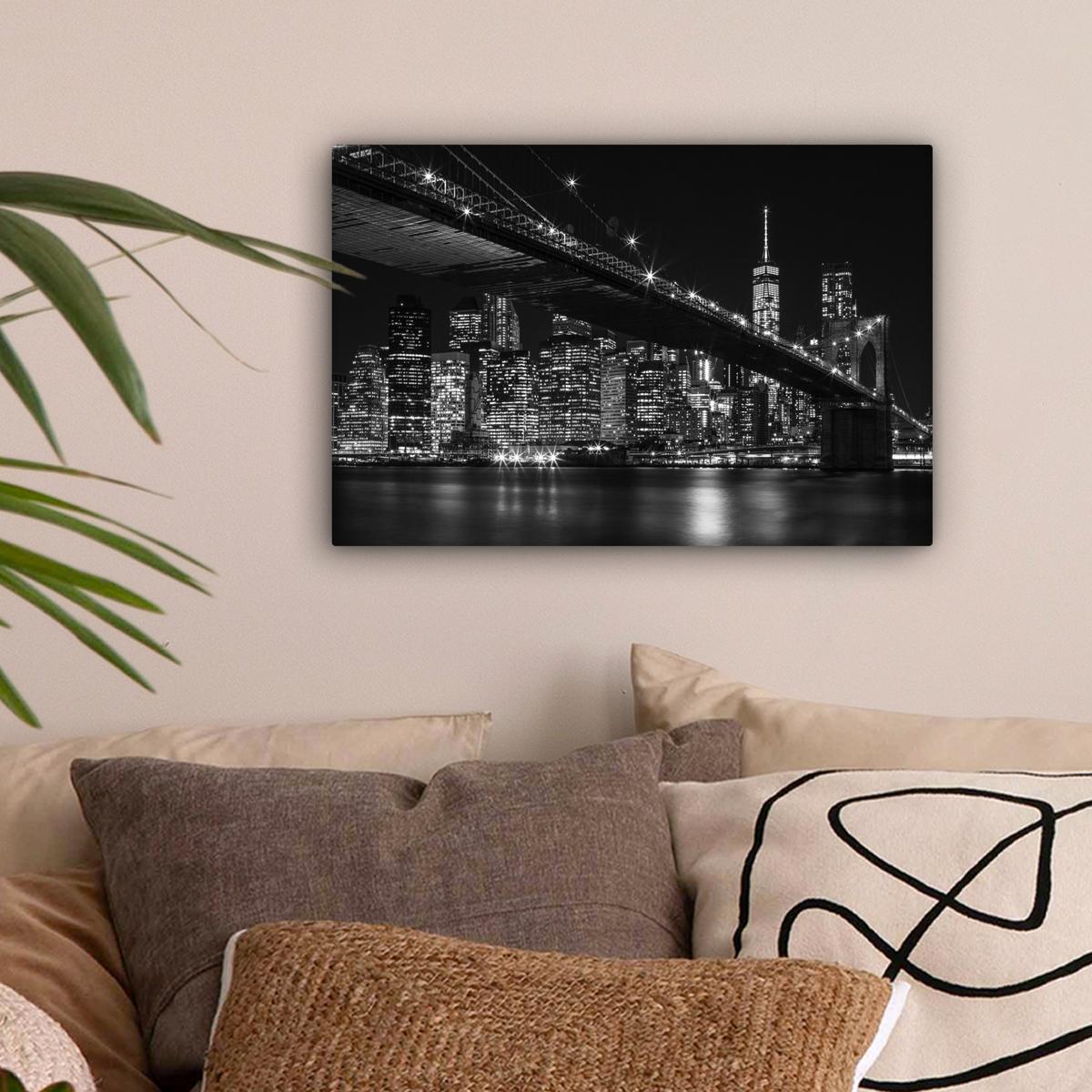LEINWANDBILD New York - Brooklyn - Brücke Deko Schlafzimmer 30x20 cm - Schwarz, Textil (30/20cm) - MuchoWow