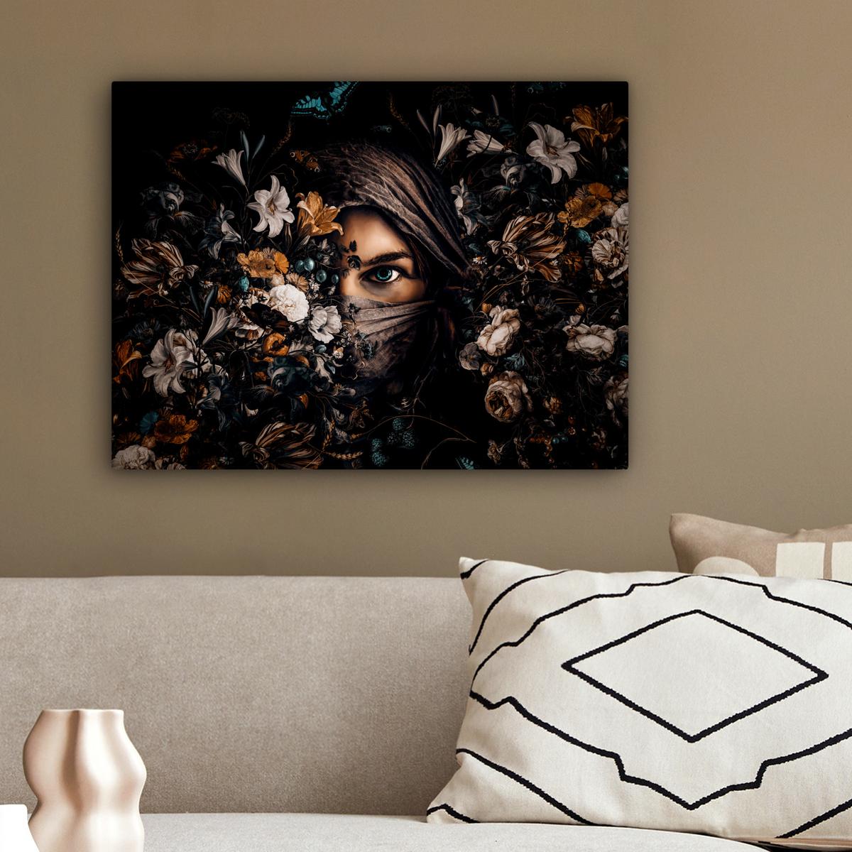 LEINWANDBILD Frau - Luxus - Blumen - Schmetterling - Porträt Wandbild 40x30 cm - Schwarz, Textil (40/30cm) - MuchoWow