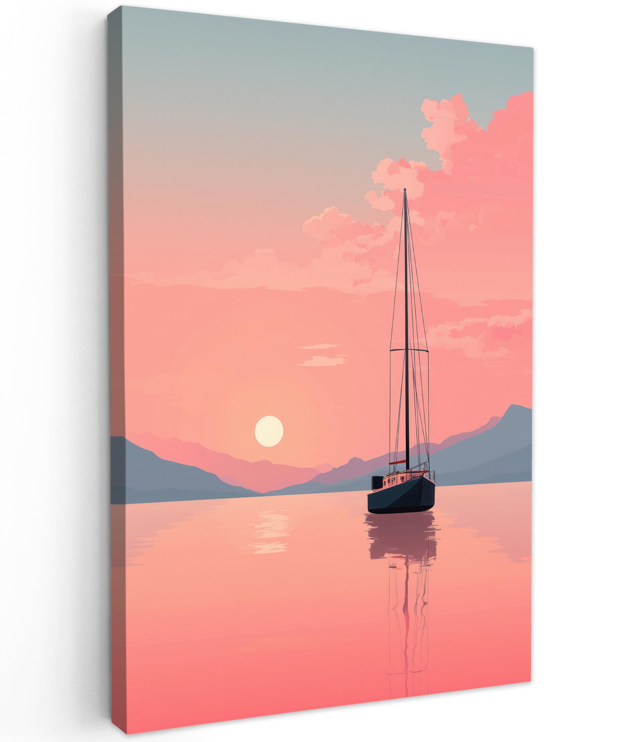 LEINWANDBILD Segelboot - Rosa Meer - Sonnenuntergang - Berge Deko XXL 80x120 cm - Rosa, Textil (80/120cm) - MuchoWow