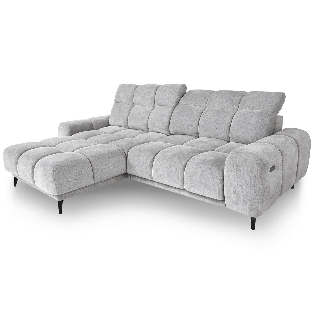 ECKSOFA Marco Mini mit elektrisch ausfahrbarem Sitz und verstellbaren Kopfstützen, Links, Chenille-Stoff, Hellgrau - Hellgrau/Schwarz, Textil (275/182cm) - Beautysofa