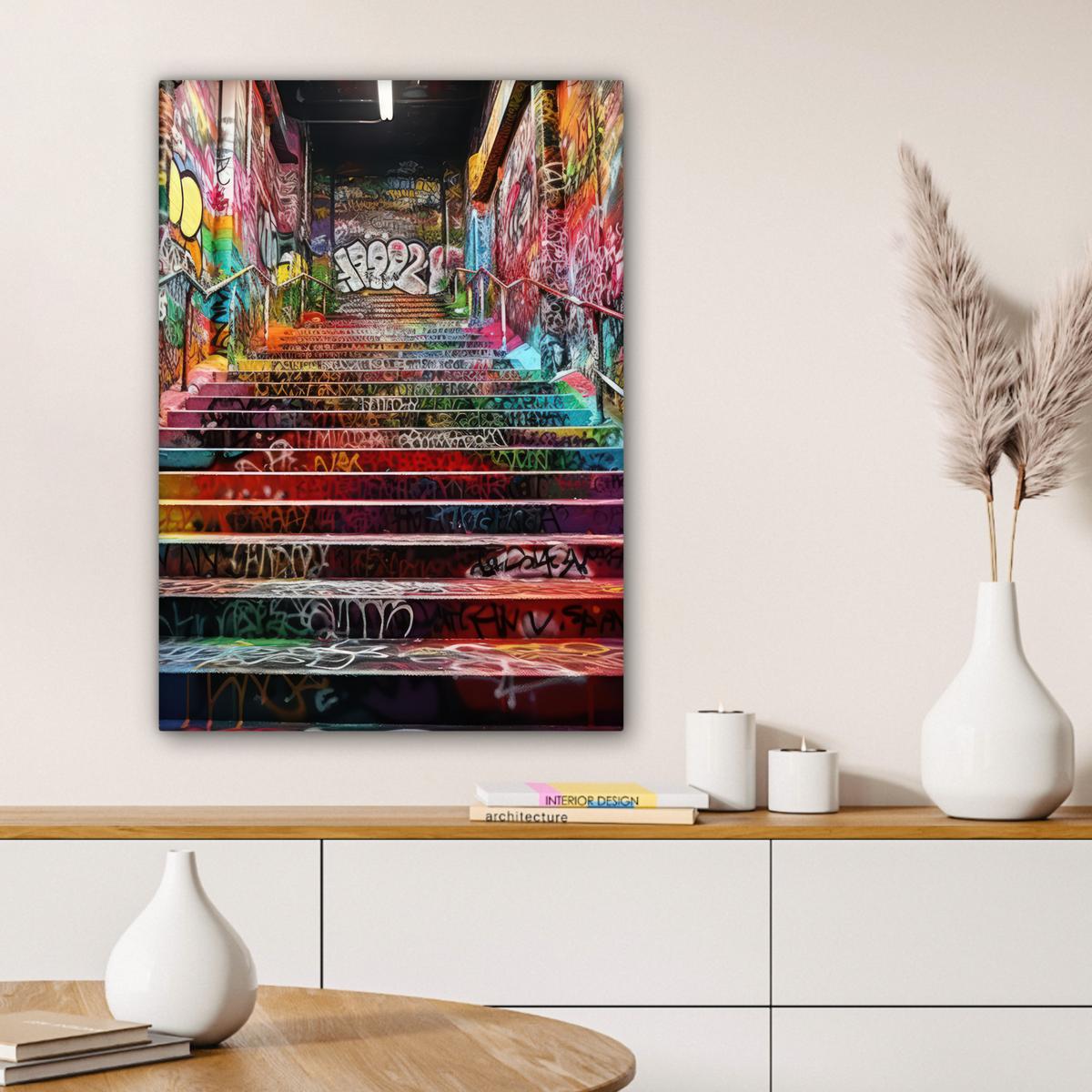 LEINWANDBILD Treppe - Graffiti - Farben - Kunst Wandbild Wohnzimmer 60x80 cm - Multicolor, Textil (60/80cm) - MuchoWow