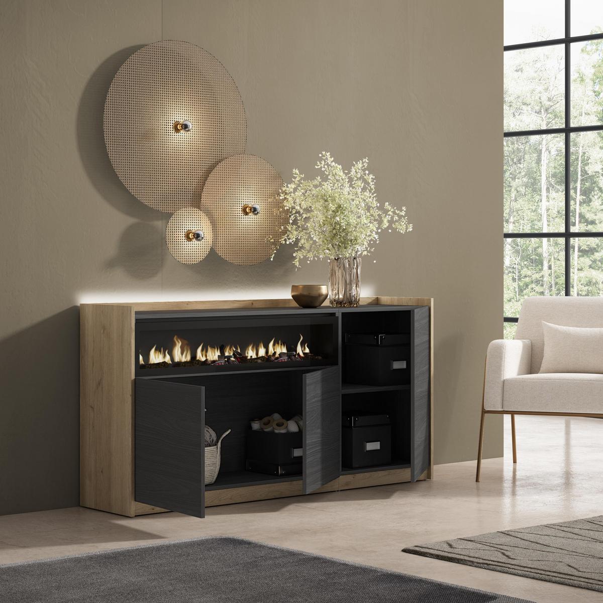 SIDEBOARD, Schwarz und Eiche, 156/37/80cm, Kamin mit Feuereffekt - Schwarz, Holzwerkstoff (156/80/37cm) - Skraut Home