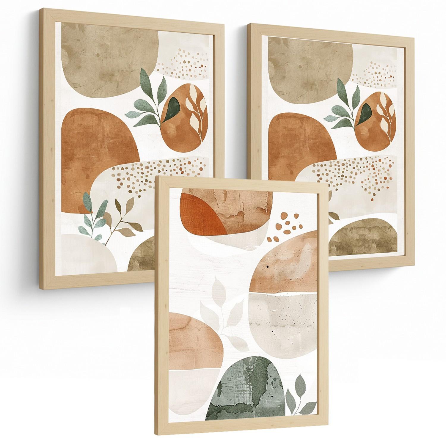 POSTER 3er Kunstdruck-Set Wandbilder Pflanzen Abstrakt Grün Braun modern Wohnzimmer Deko, Schlafzimmer, Küche, Badezimmer Leichter Holzrahmen A4 - Beige, Papier (29.7/1/21cm) - Nacnic
