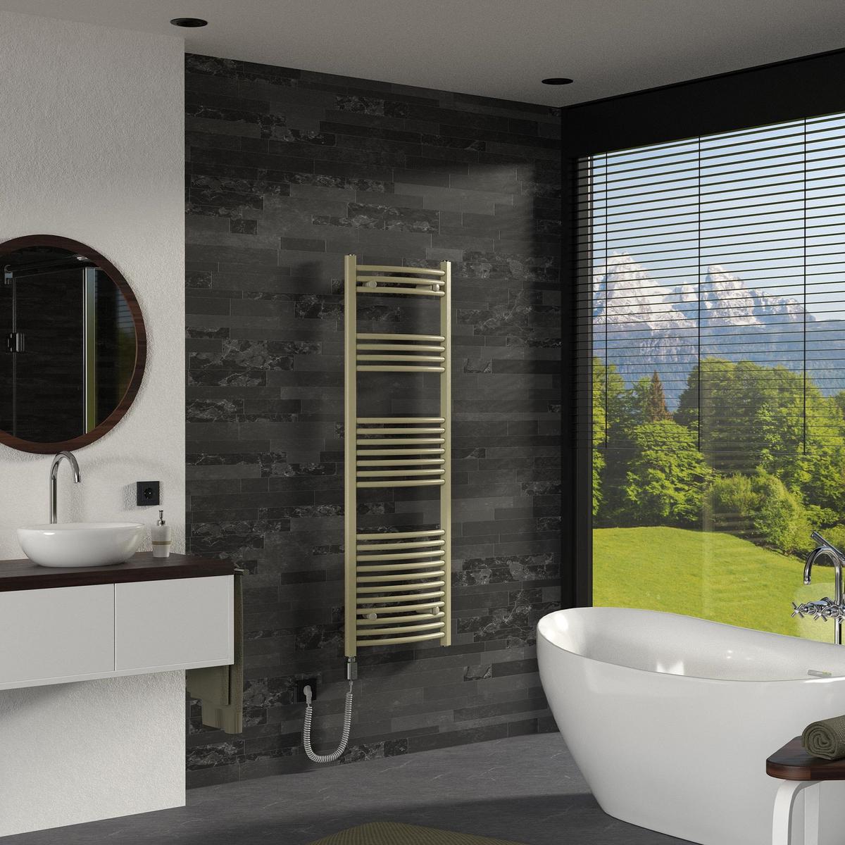 HANDTUCHHEIZKÖRPER elektrisch 500 x 1500 mm Beige Badheizkörper gebogen mit Seitenanschluss mit Heizstab 600W - Beige, Metall (50/150/3cm) - LuxeBath
