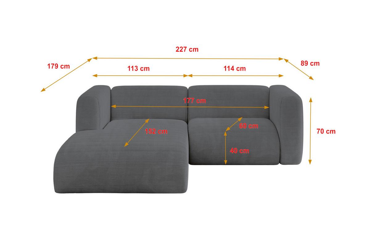 ECKSOFA Ottomane Links MIRA-L1 227x179x89 Dunkelgrau Cord - Dunkelgrau/Graphitfarben, Holzwerkstoff/Kunststoff (227/179cm) - ALTDECOR