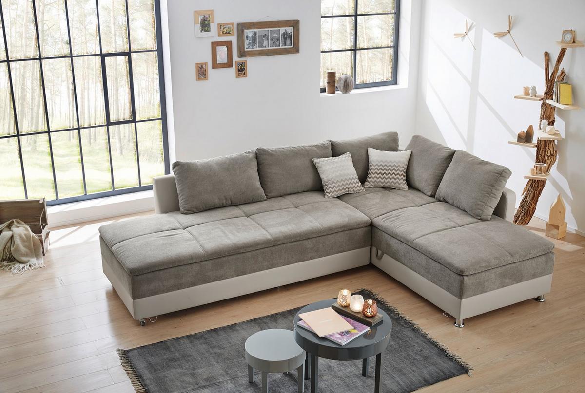 ECKSOFA-DAUERSCHLÄFER Doppelbett Boxspring Federkern Topper, Schwenkteil links B306/T223/H95 cm, Kunstleder Beige+Mikrofaser Graubraun / 15101 - Chromfarben/Graubraun, Kunststoff/Textil (306/223cm) - luma-home