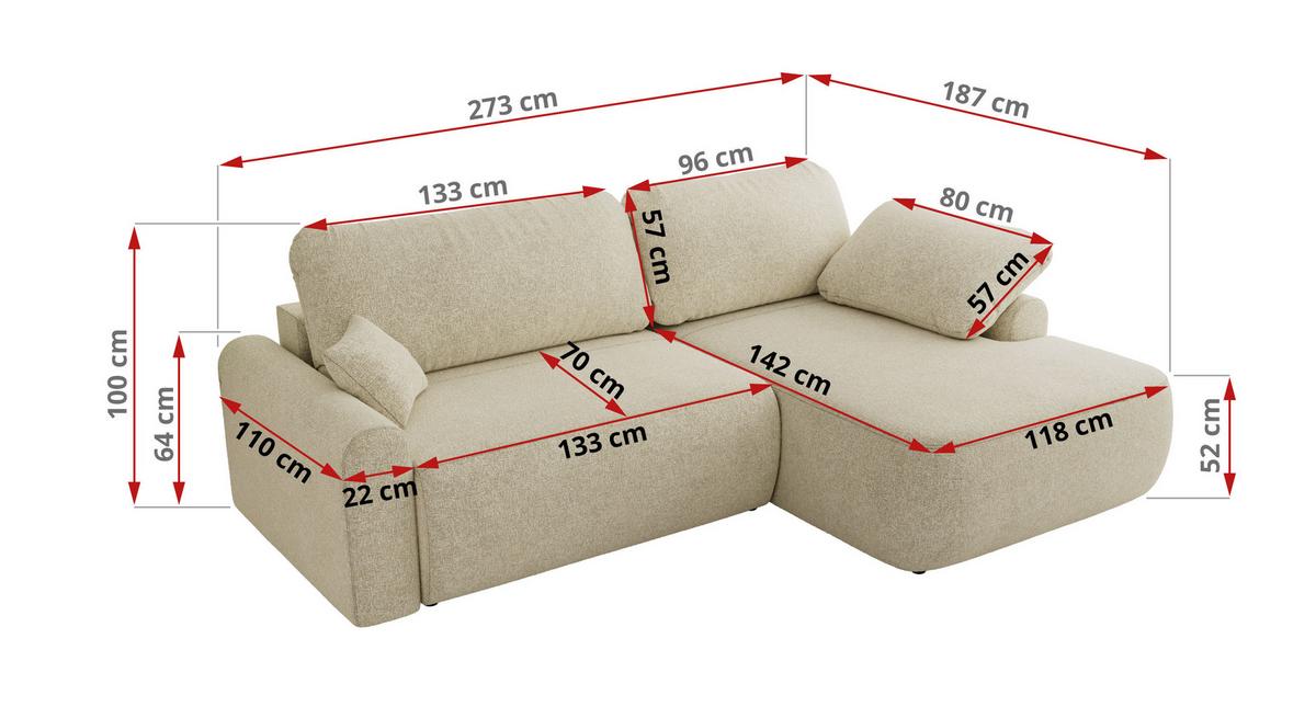 ECKSCHLAFSOFA CUBO L Creme Struktur - rechts - Creme/Schwarz, Kunststoff/Textil (187/273cm) - MKS